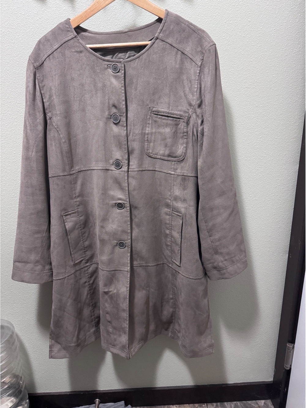 J. Jill Women’s XL Faux Suede Long Jacket Coat Taupe Gray Button Front Utility